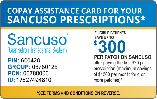 Sancuso copay assistance coupon for up to 300 dollars off per patch